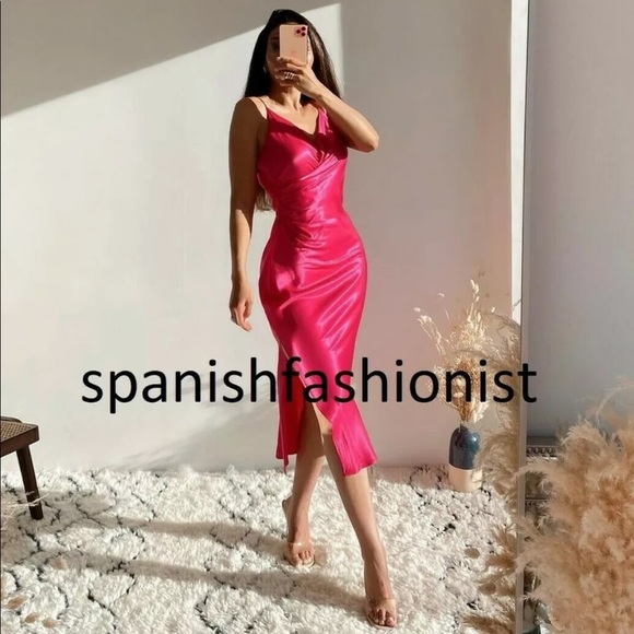 Zara DRAPED CAMISOLE SATIN MIDI DRESS w/ Side Slit PINK NEW - Picture 2 of 16